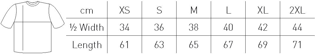 Størrelsesskema for en beklædningsgenstand med størrelserne XS til 2XL. Bredde og længde i centimeter
