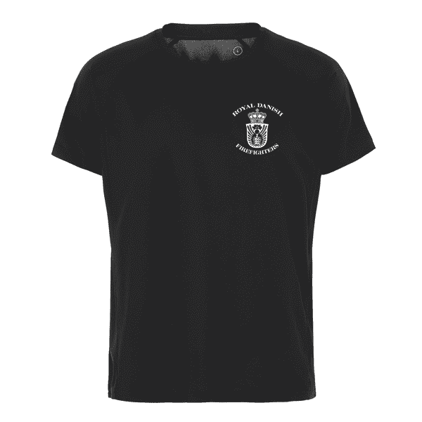 Sort løbe t-shirt med et lille hvidt "Royal Danish Firefighters"-emblem på venstre bryst.